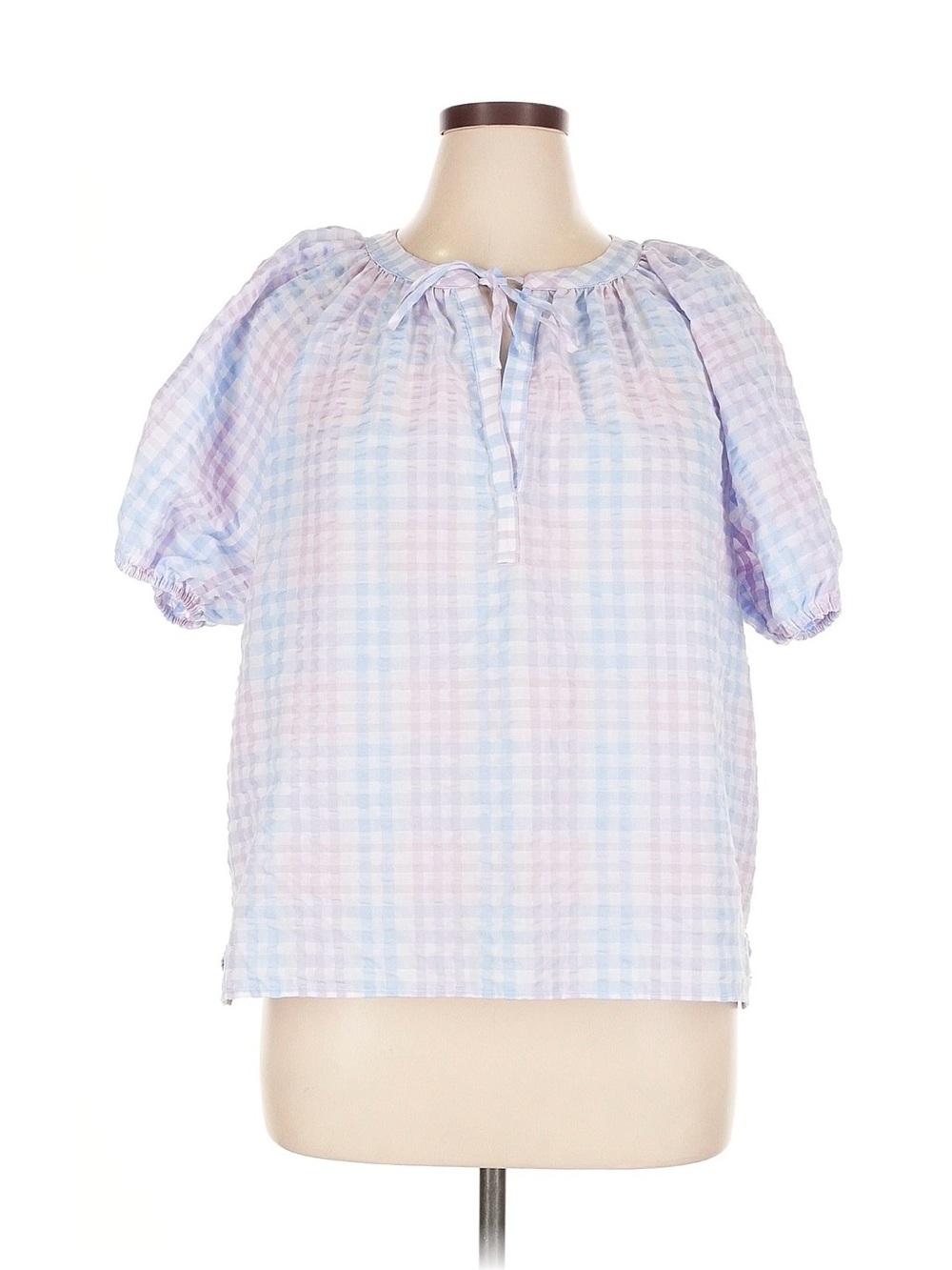 LOFT Pastel Plaid Tie-Neck Peasant Blouse